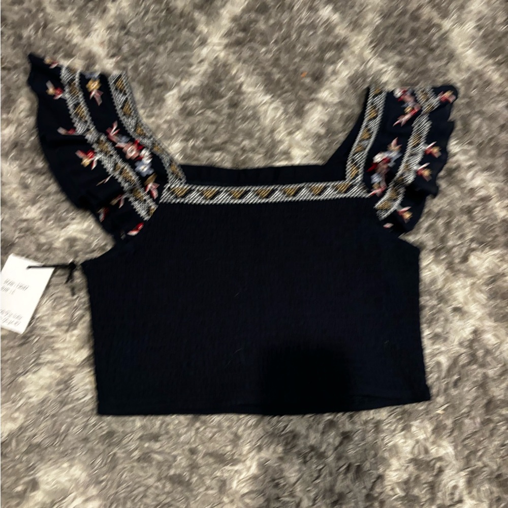 Women's Smocked Flutter Short Sleeve Navy Top w/ Embroidery - Size Large…NWT